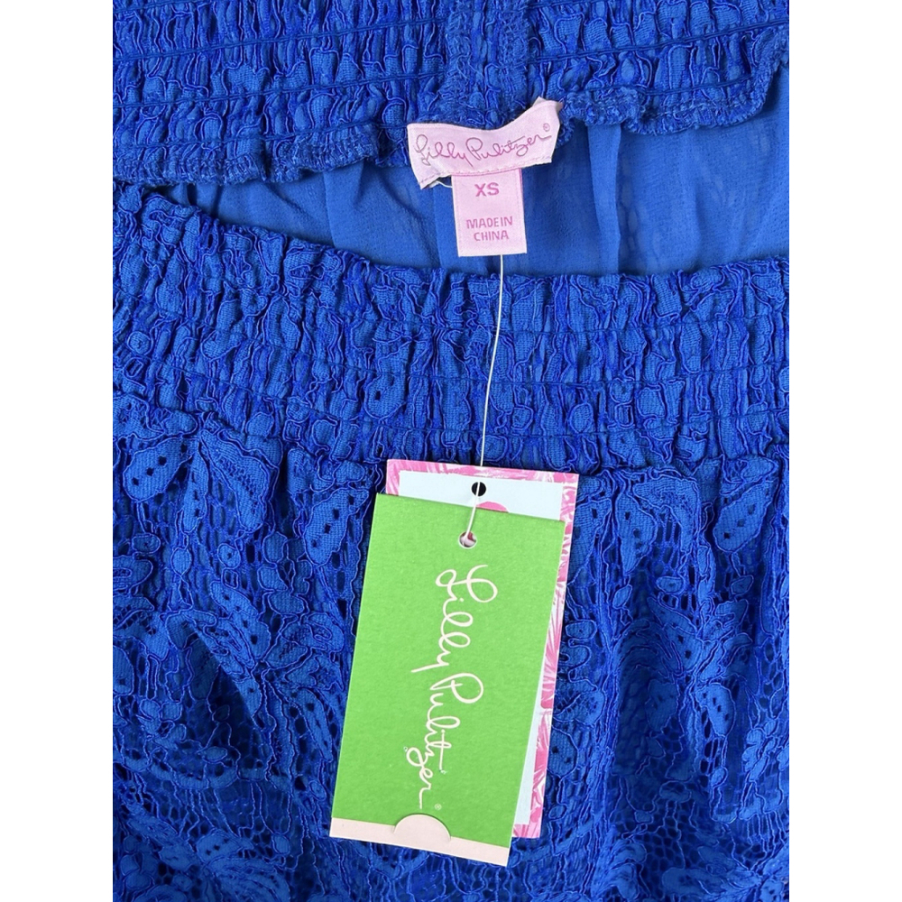 Lilly Pulitzer TOBYN XS Off The Shoulder Top Ikat Blue Palm Tree Lace Blouse - Picture 7 of 9
